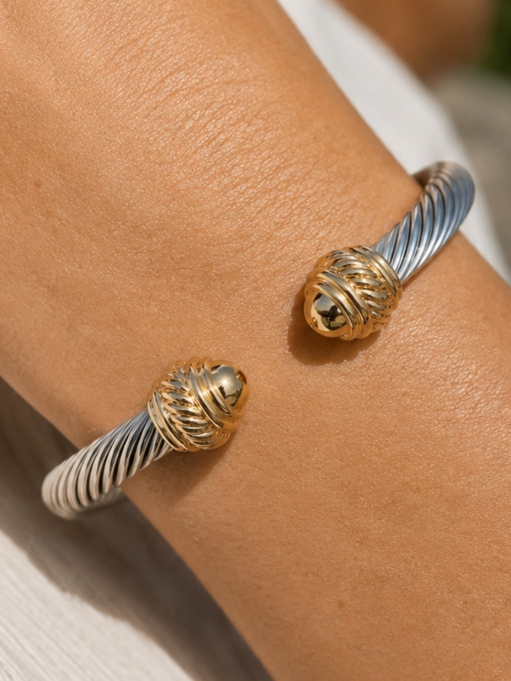 Two-Tone Twisted Cable Cuff Bracelet - Silver and Gold